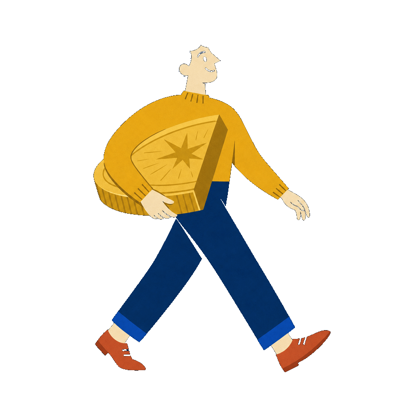 Illustration of a person happily carrying a huge gold slice of a coin